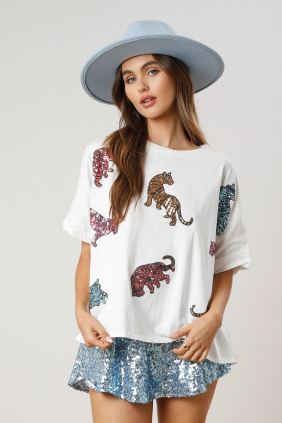 Spring Summer Tiger Sequined Top Casual Loose Fitting T shirt Women