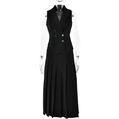 Autumn Elegant Maxi Skirt Sleeveless Vest Pleated Dress Two Piece Sets