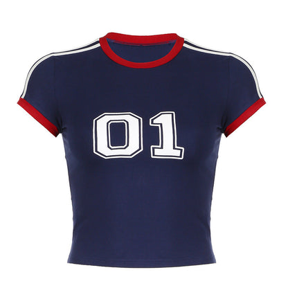 American Street Style Digital Print Contrast Color Short-sleeved T-shirt for Women