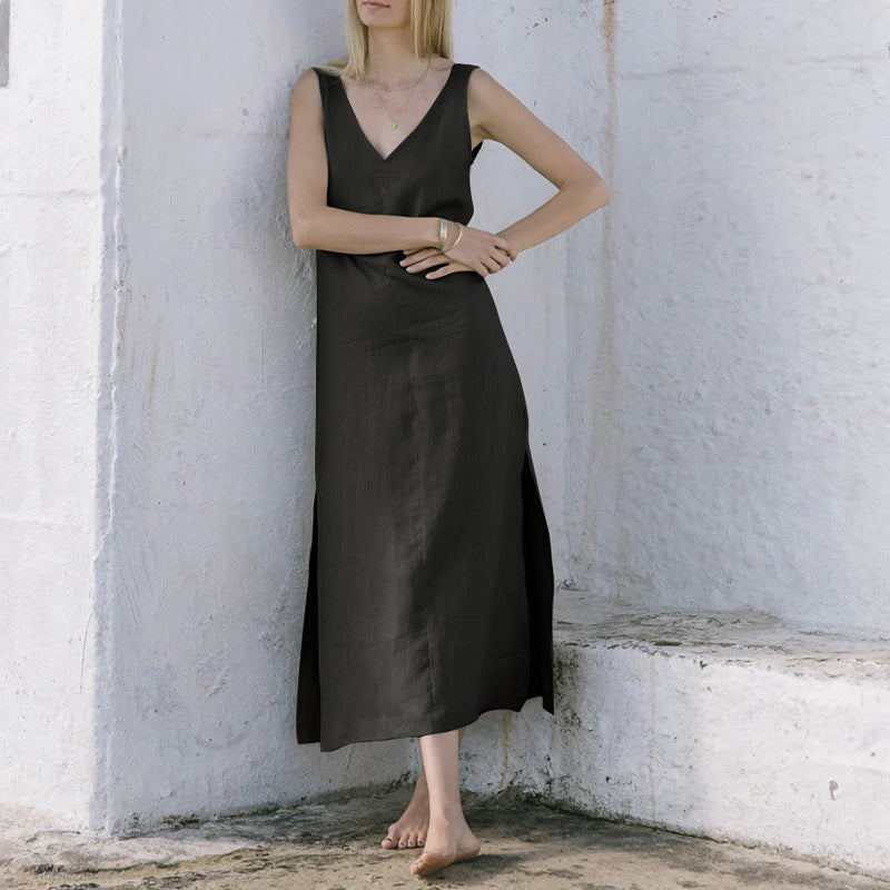 Summer Casual Front Back V Neck Dress Linen Sleeveless High Waist Split Knee Length Backless Cotton Linen Vest Dress