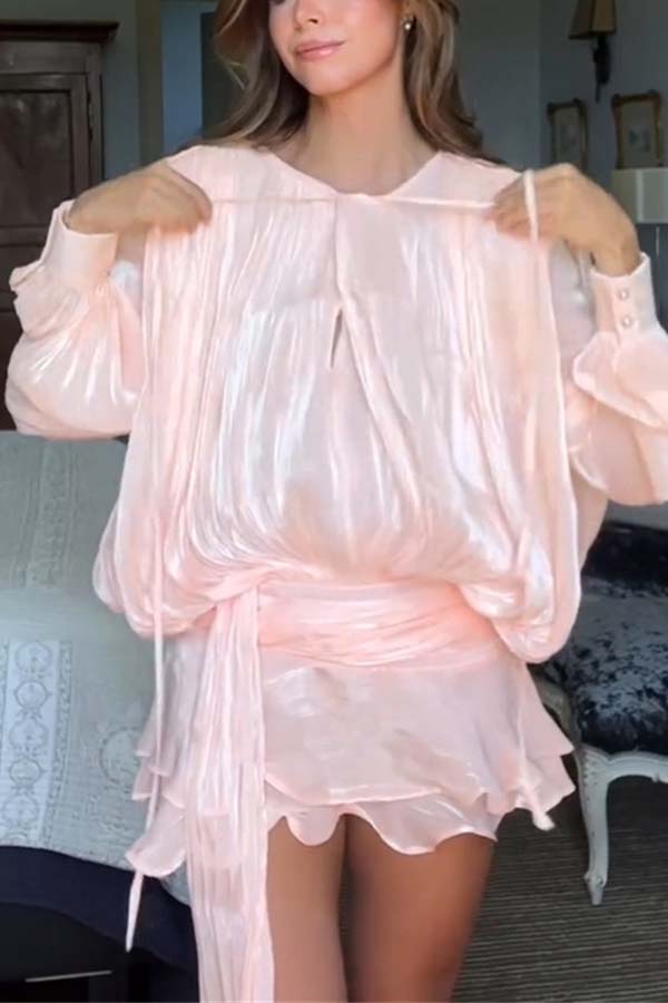 Ninah Glitter Fabric Pleated Balloon Sleeve Tiered Ruffle Hem Mini Dress