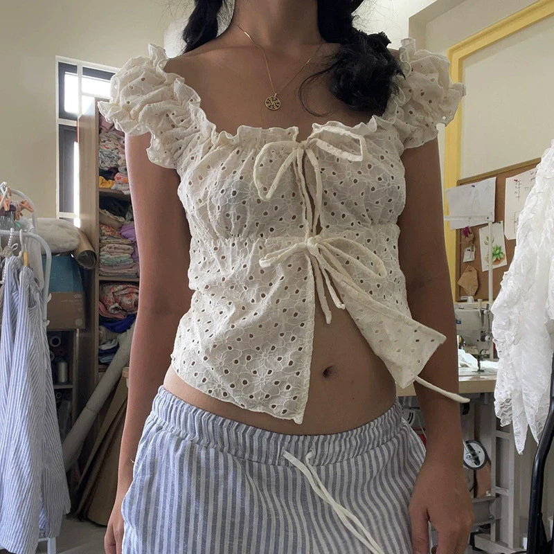 Mora Eyelet Tie-Front Blouse