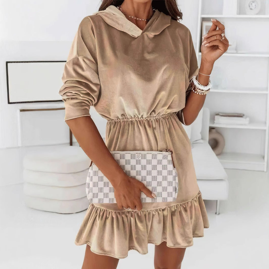 Winter Popular Gold Velvet Casual Hooded Dress