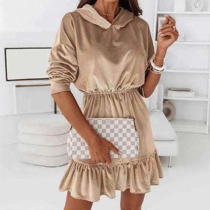 Winter Popular Gold Velvet Casual Hooded Dress