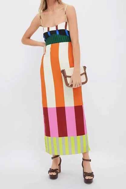 Beach Moment Linen Blend Unique Color Block Slip Maxi Dress