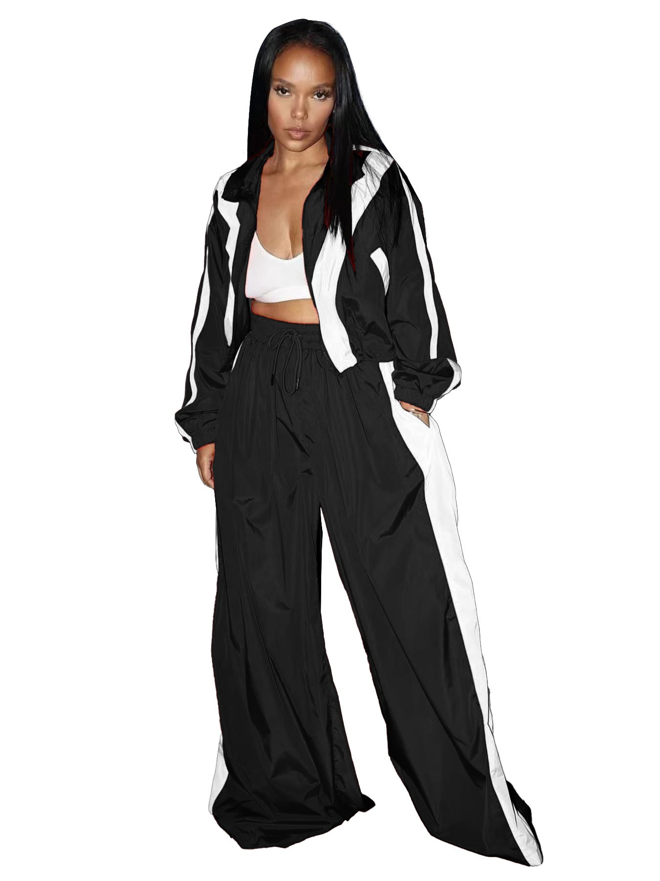 Women Zipper Waist Stitching Contrast Color Oversized Super Trendy Two Piece Suit