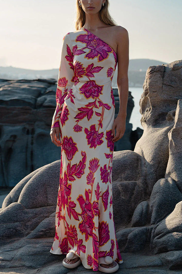Rhia Satin Floral Print One Shoulder Flared Maxi Dress
