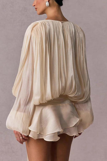 Ninah Glitter Fabric Pleated Balloon Sleeve Tiered Ruffle Hem Mini Dress