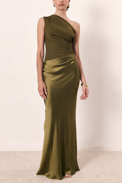 Kaia Satin Contrast Fabric Patchwork One Shoulder Ruched Maxi Dress