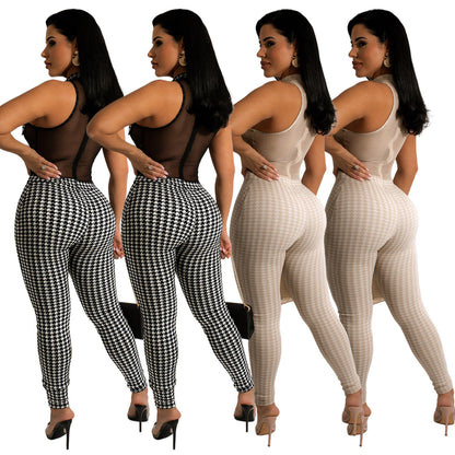 Women Clothing Summer Club Sleeveless Houndstooth Knitting Threads See-through Jumpsuit