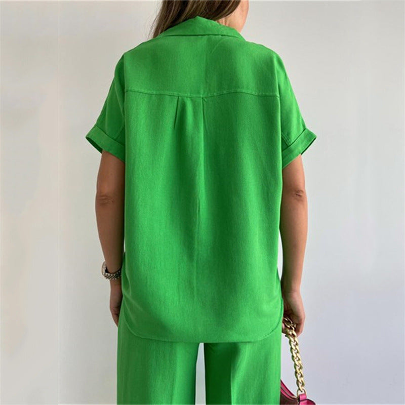 Wide Leg Pants Suit Spring Summer Loose Sleeve Shirt Top Casual Trousers Two Piece Women Clothing