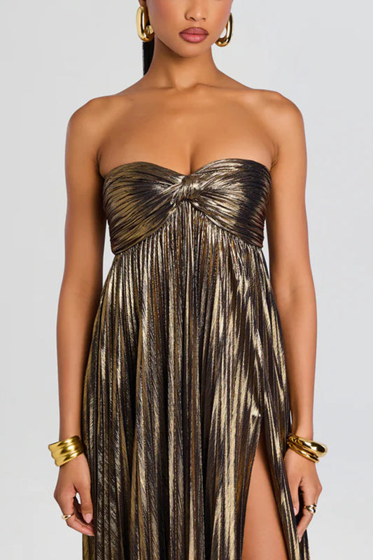 Metallic Sexy Tube Top Pleated High Slit Maxi Dress