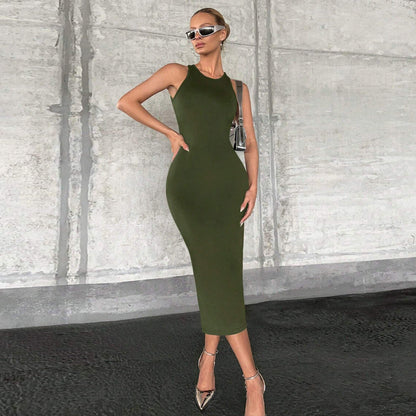 Women Clothing Spring Summer Solid Color Slim Fit Sexy Cutout Vest Dress