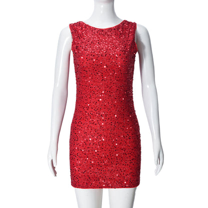 Women Clothing Spring Sequined Sleeveless Backless Sexy Dress