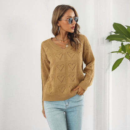 Hollow Out Cutout out Heart Plaid Sweater Women Loose Autumn Winter Long Sleeved Sweater Sweater