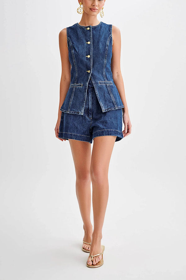 Abel Denim Button Up Princess Seams Pocket Vest Top