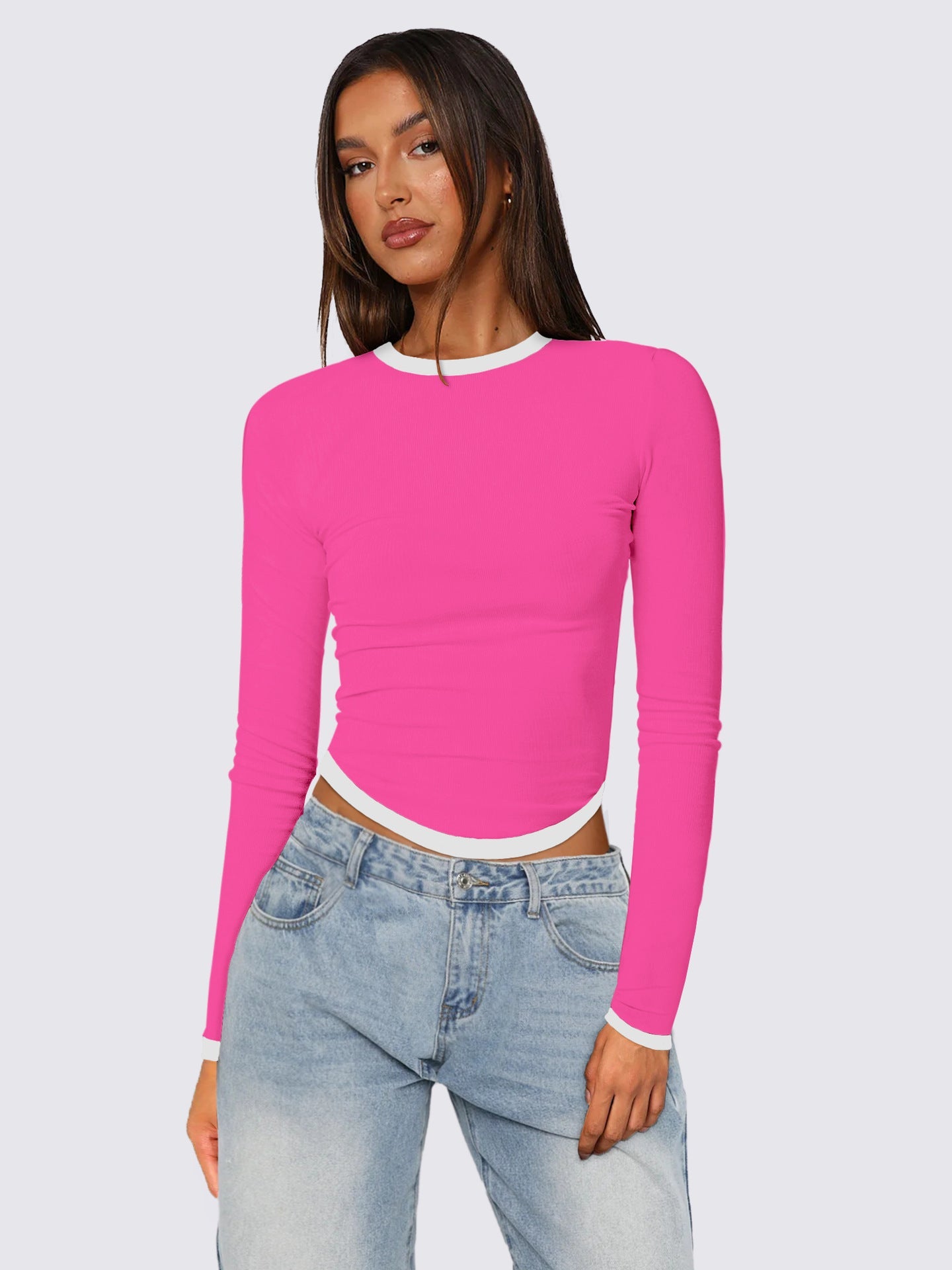 Women Clothing Spring Summer Long Sleeve round Neck Slim Fit Contrast Colors Short Pullover Top Women