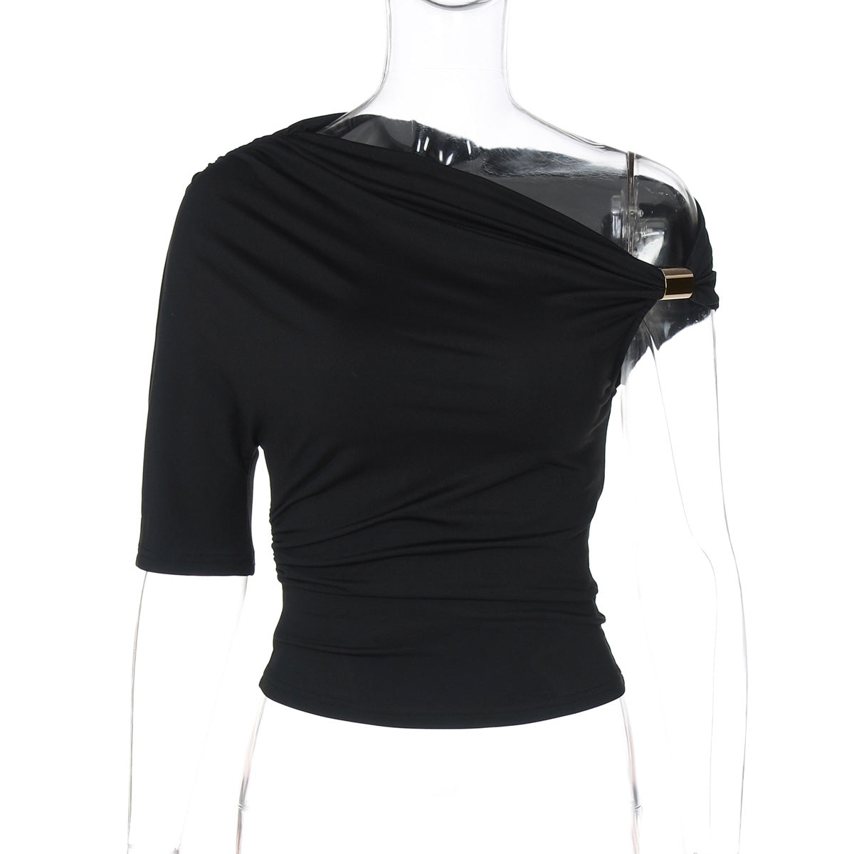 Women Clothing Solid Color Single Sleeve off the Shoulder Asymmetric Pleated Crop Top Tight Fitting T shirt Top