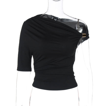 Women Clothing Solid Color Single Sleeve off the Shoulder Asymmetric Pleated Crop Top Tight Fitting T shirt Top