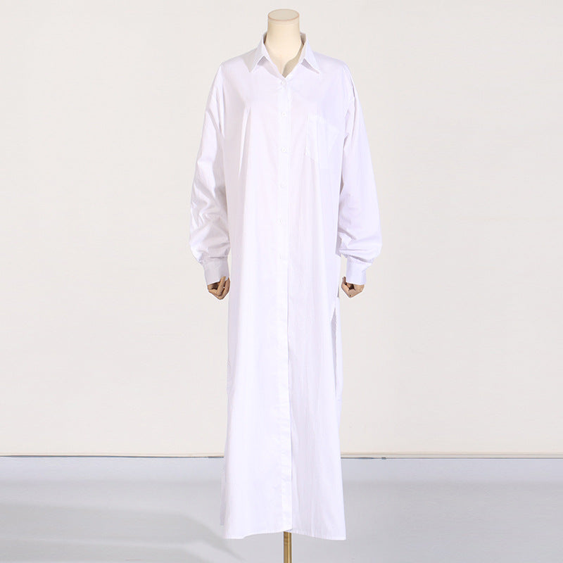 Fall Casual Collared Side Slit Simple All Match Long Sleeves Long Shirt for Women
