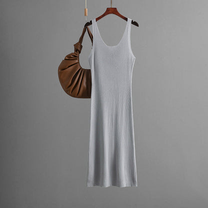 Sexy Knitted Sling Dress Summer Solid Color Back Slit Sheath Maxi Dress