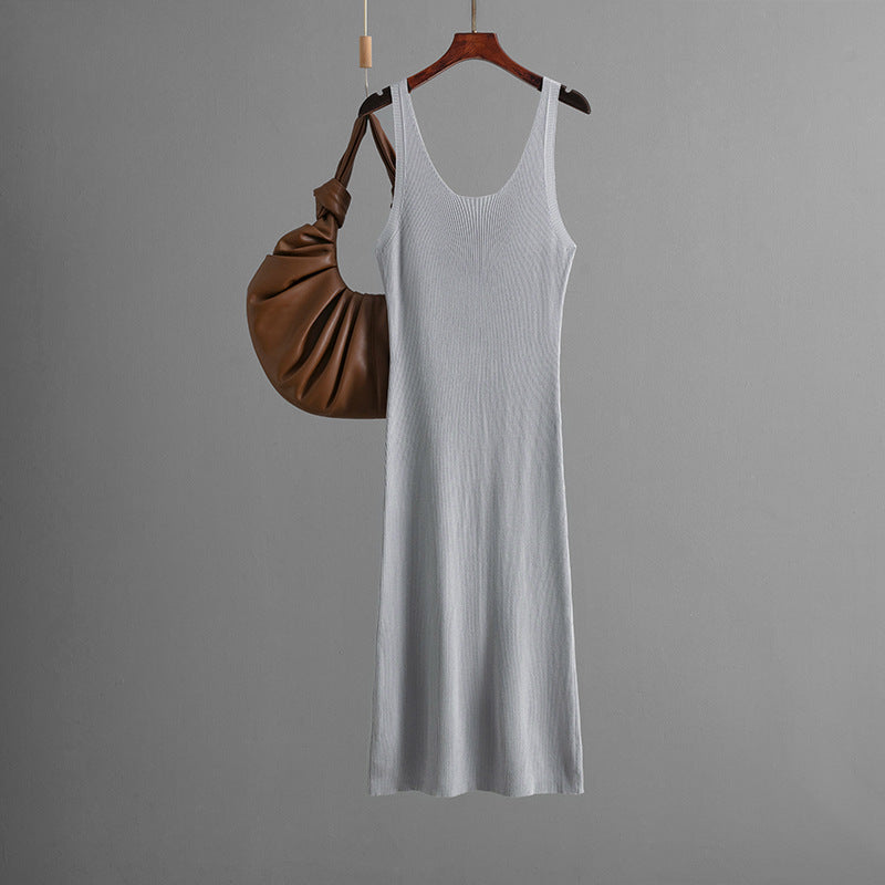 Sexy Knitted Sling Dress Summer Solid Color Back Slit Sheath Maxi Dress