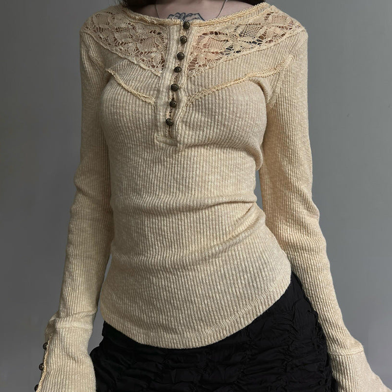 Autumn Winter Women Clothing Internet Lace Stitching Split Breasted round Neck Slim Fit Base Long Sleeve T shirt for Women