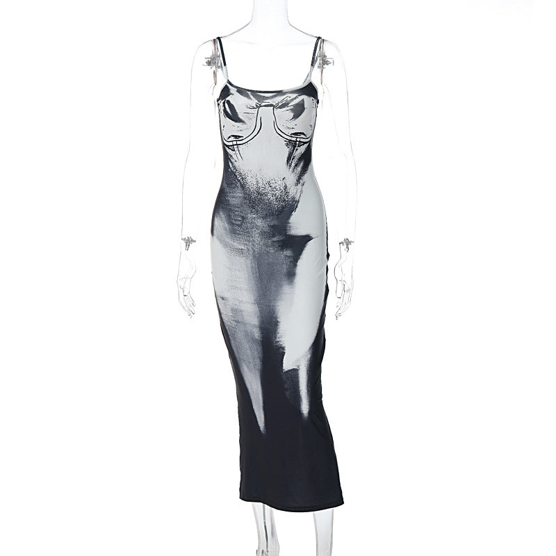 Women Clothing Autumn Winter Suspender Off Neck Printed Slim Fit Sheath Back High Split Dress