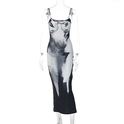 Women Clothing Autumn Winter Suspender Off Neck Printed Slim Fit Sheath Back High Split Dress
