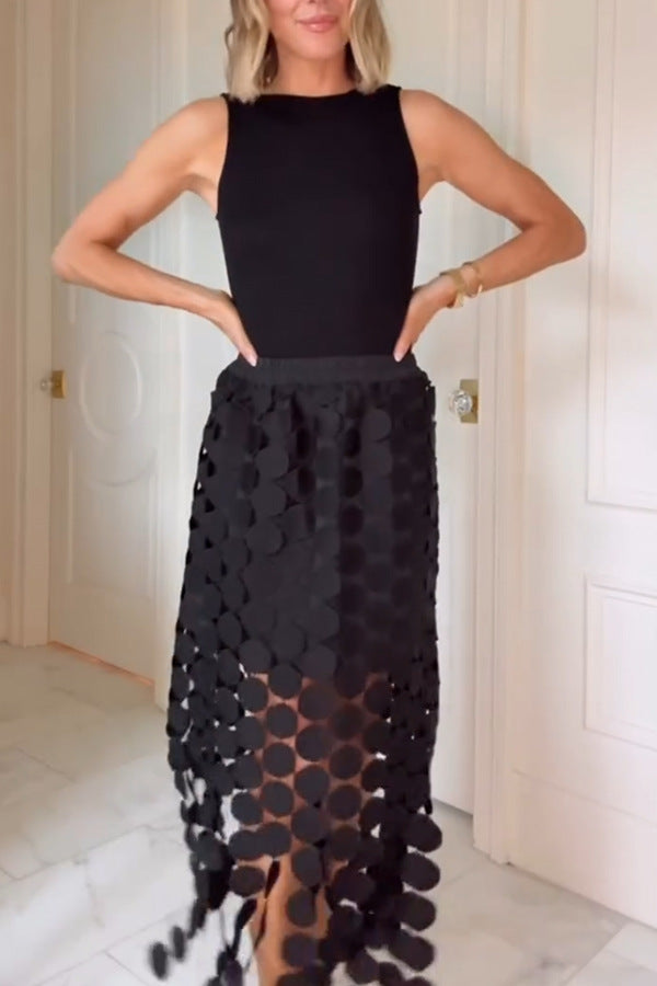 Casie See Through Circle Embroidery Elastic Waist Tassle Hem Maxi Skirt