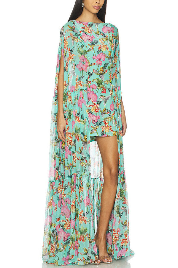 Garden Party Contrast Floral Print High Low Cape Maxi Dress