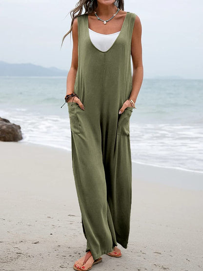 Summer Popular Solid Color Stickers Bags Jumpsuit V neck Suspender Pants Wide Leg Trousers for Women