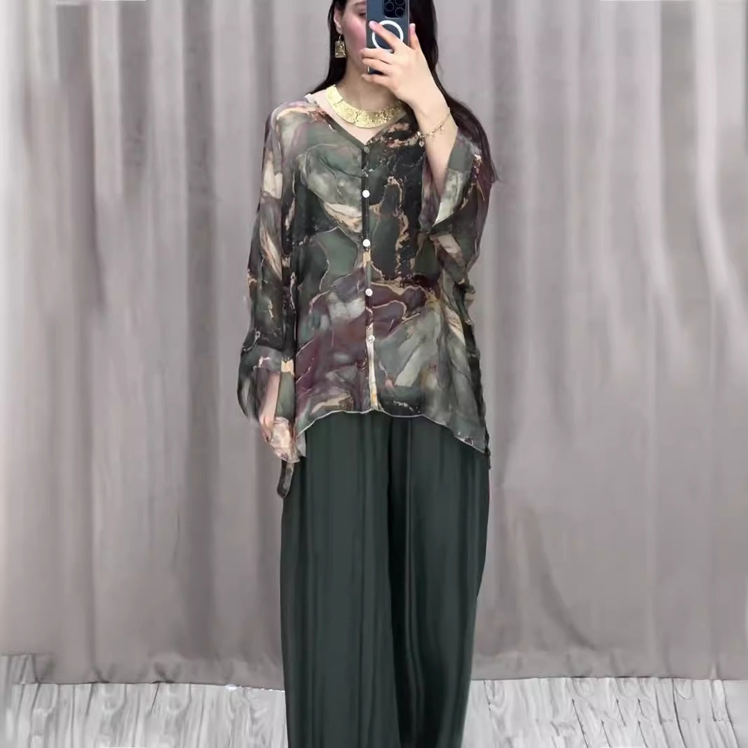 Spring Hand Painted Printed Shirt Top Wide Leg Pants Two Piece Women Clothing