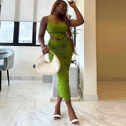 Solid Color Sexy Sling Small Tank Top Hip Casual Two Piece Suit Women