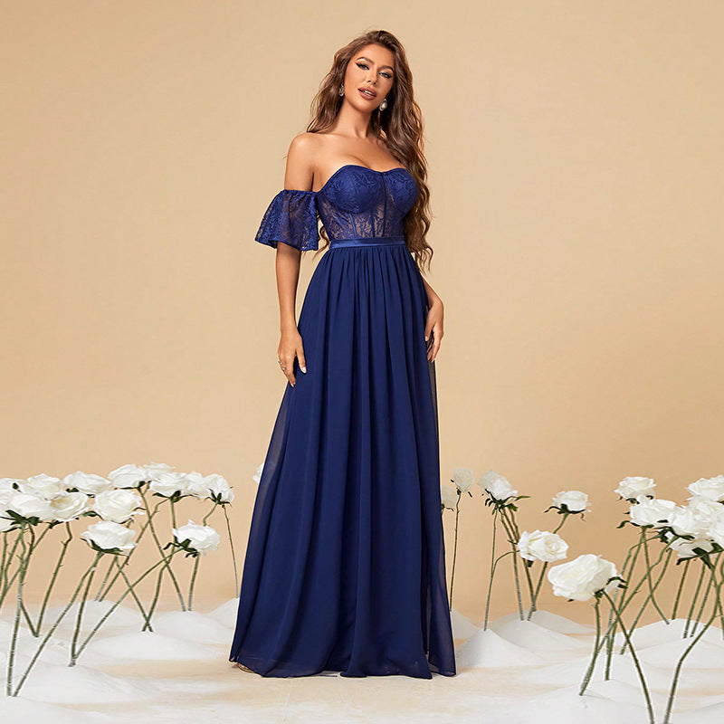 Autumn Tube Top Trendy Elegance Prom Evening Dress Party Dress Solid Color Long Women