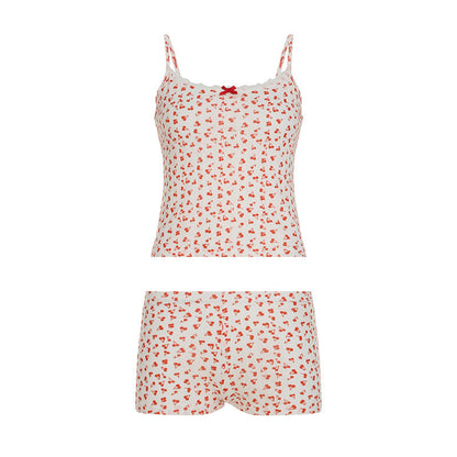 Cute Little Cherry Print Stitching Lace Girl Pajamas Pajamas Shorts Two Piece Set