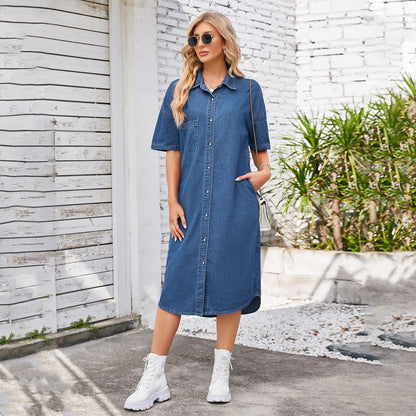 Women Spring Washed Loose Denim Short Sleeve Dress