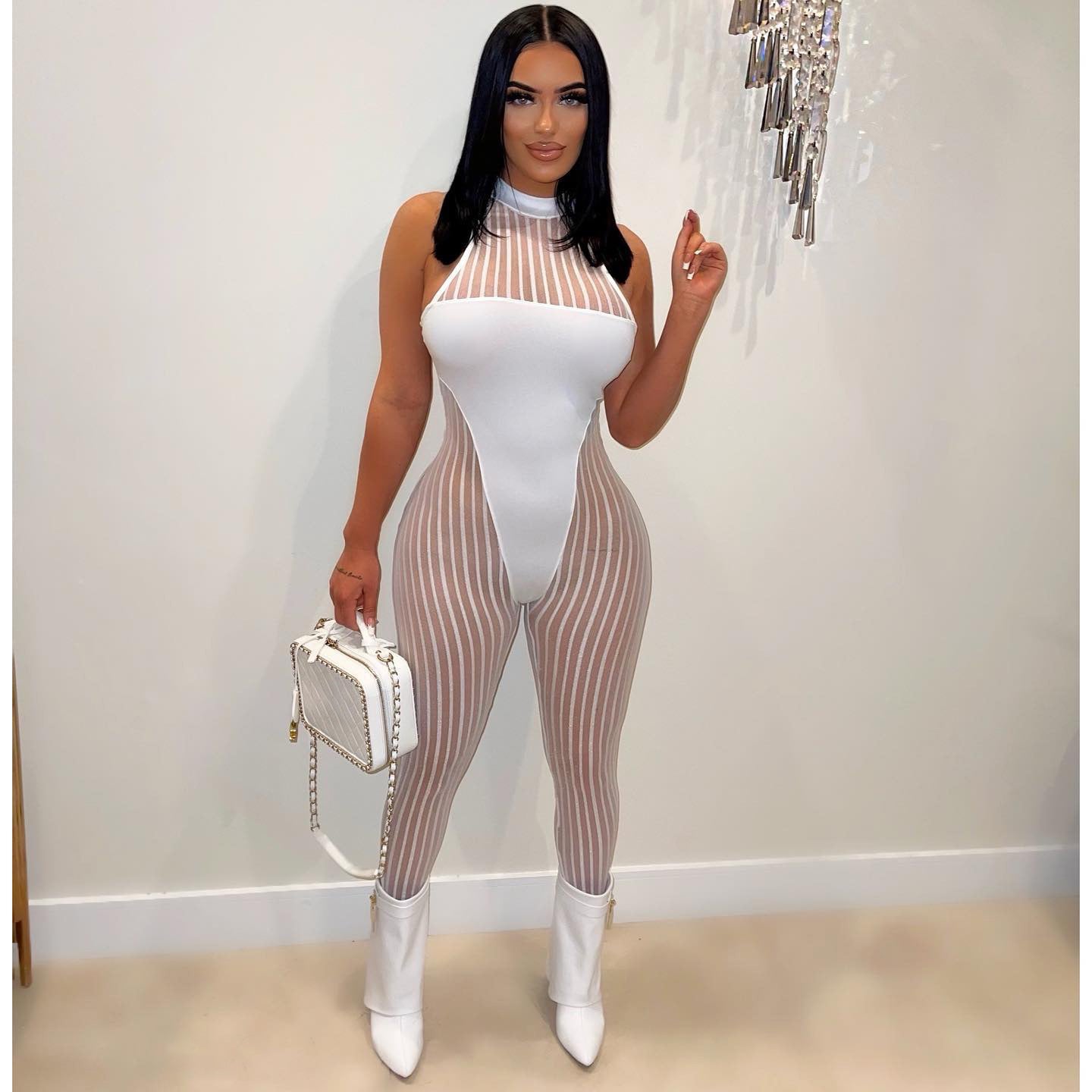 Women Clothing Sexy Mesh Stripes Stitching Women Jumpsuit