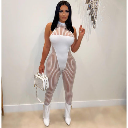 Women Clothing Sexy Mesh Stripes Stitching Women Jumpsuit