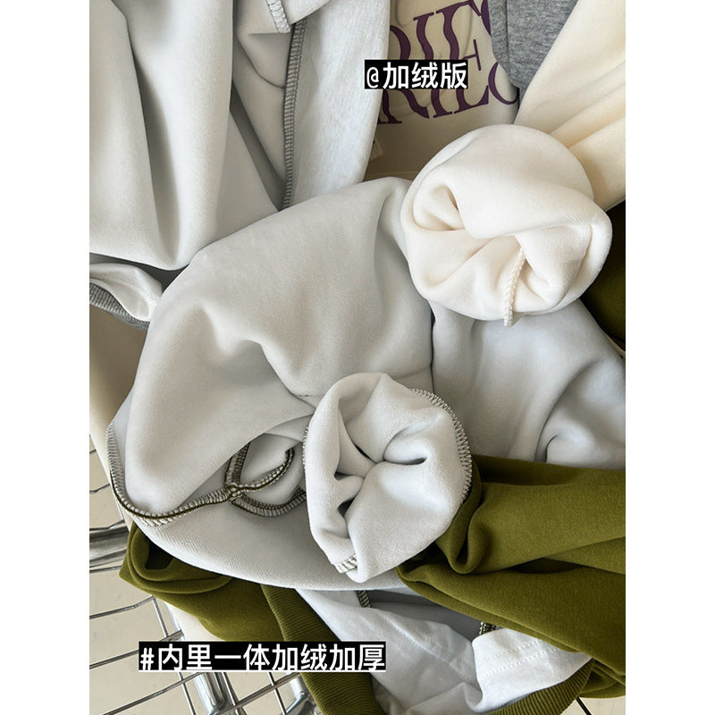 Letter Graphic Design Faux Two Pieces with Velvet Thickened Hooded Sweatshirt Early Autumn