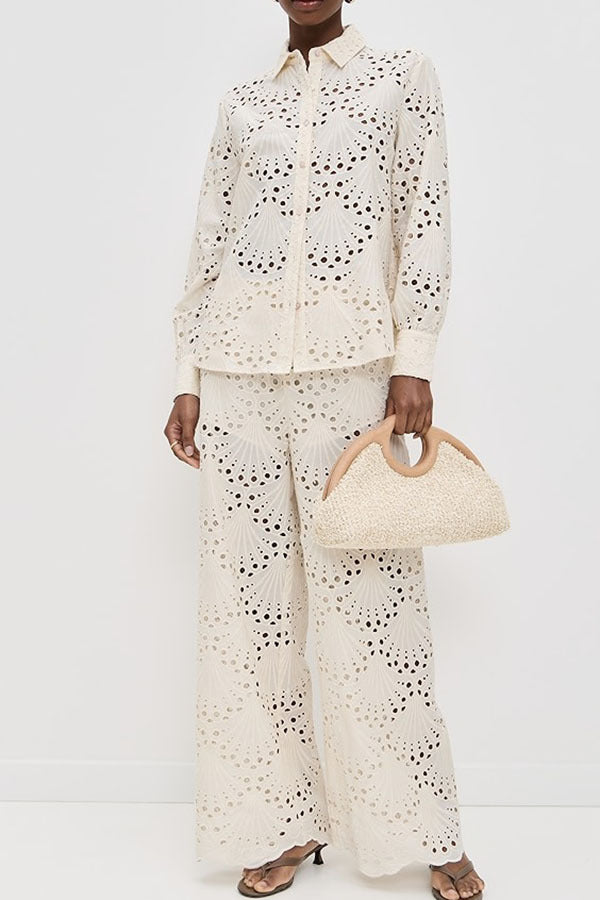 Lillah Embroidered Lace Shell Pattern Elastic Waist Pocket Wide Leg Pants