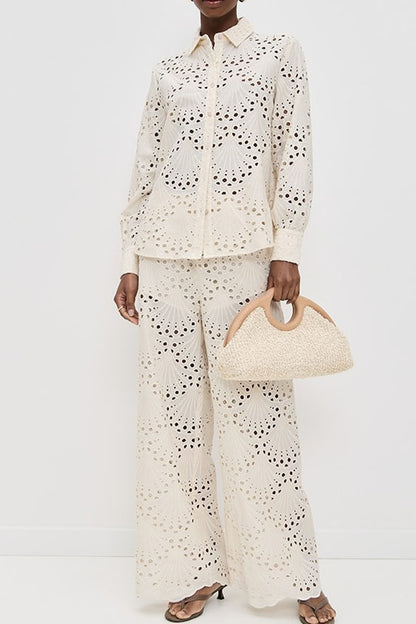 Lillah Embroidered Lace Shell Pattern Elastic Waist Pocket Wide Leg Pants