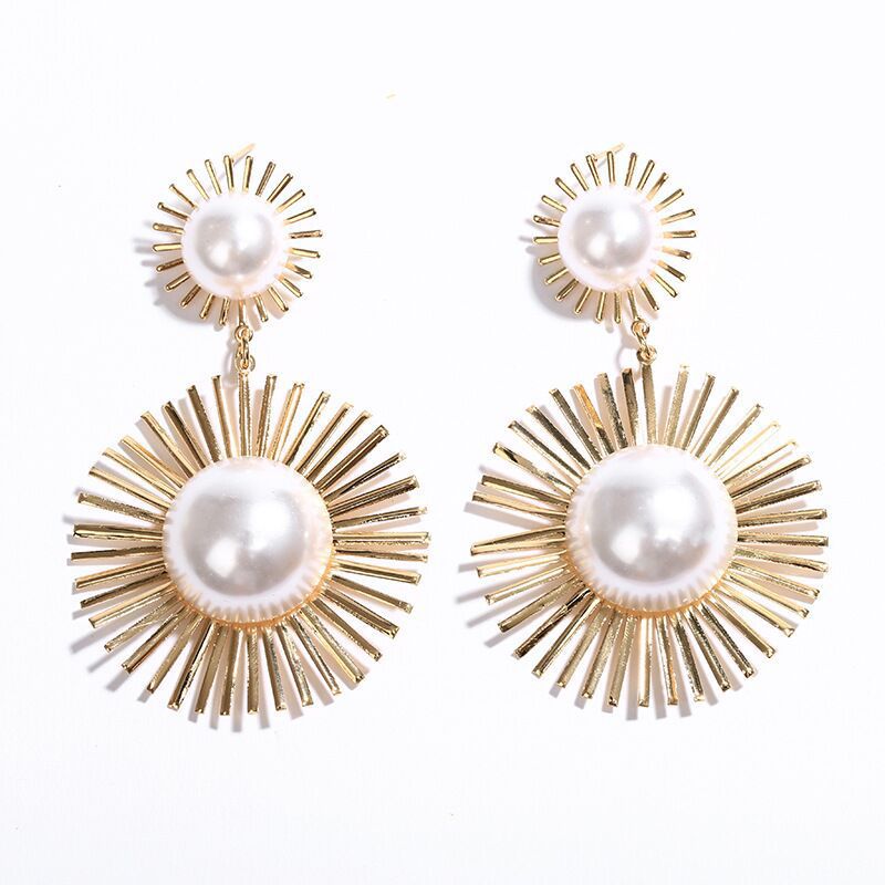 Beaded Double Geometric Pattern Drop Earrings