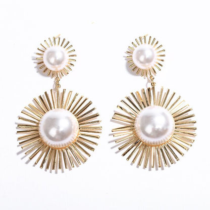 Beaded Double Geometric Pattern Drop Earrings