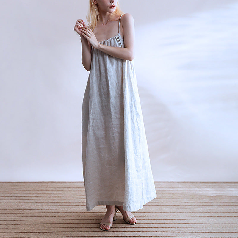 Summer Linen Cami Dress Halter Strap Reverse Cotton Linen Niche Design Maxi Dress Women Clothing