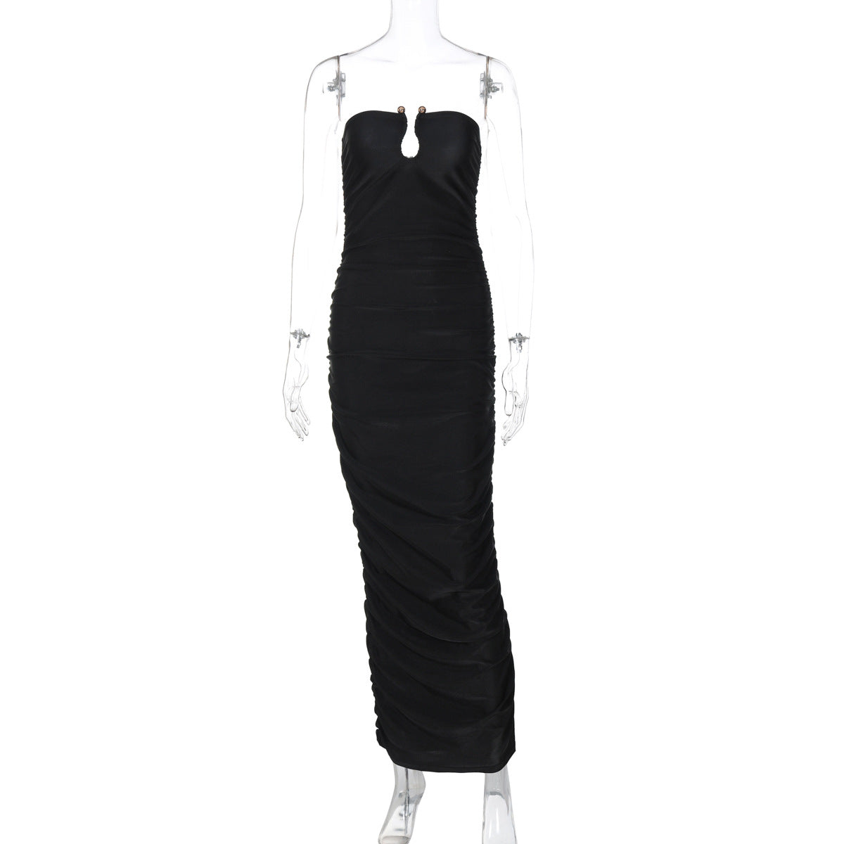 Women Clothing Autumn Winter Sexy V neck Back Slim Pleated Solid Color Dress