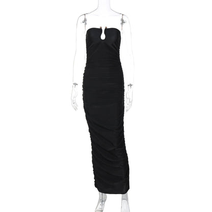 Women Clothing Autumn Winter Sexy V neck Back Slim Pleated Solid Color Dress