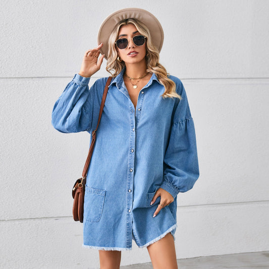 Women Loose Denim Long Sleeve Frayed Dress Midi Dress