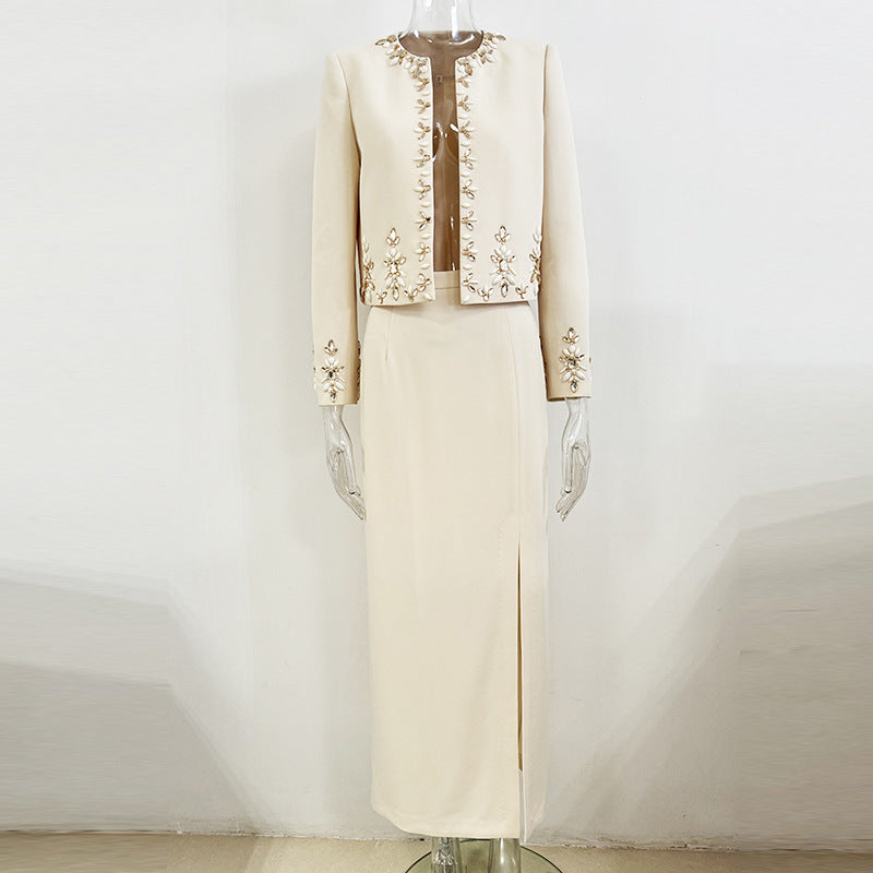 Star Heavy Industry Beads Cardigan Coat Split Skirt Set Two Piece Set
