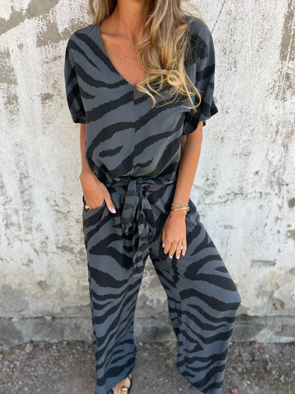 Spring Summer Zebra Pattern V neck Lace up Top Wide Leg Pants Two Piece Sets